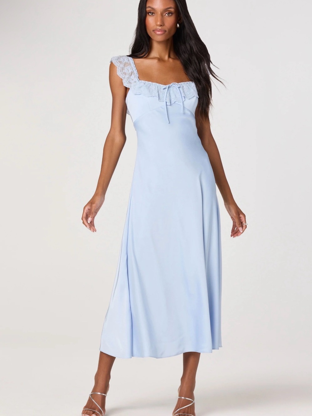 ASTR the Label Makiya Empire Waist Satin Midi Dress in baby blue